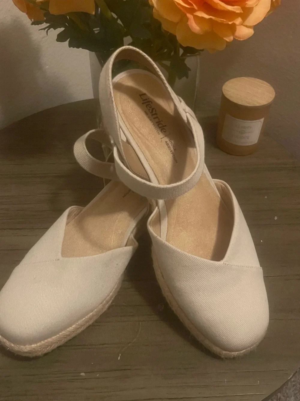 Life Stride Neutral Cream Espadrille Wedge Sandals with Ankle Strap